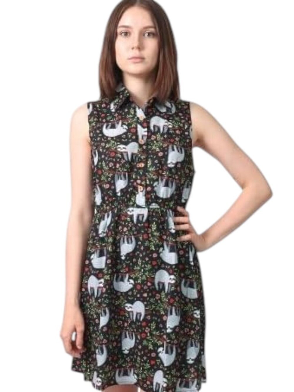 La Vie Lente Sloth Animal Print Sleeveless Shirt Dress